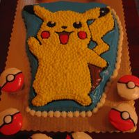 Pikachu This was a chocolate cake topped with cream cheese icing. The pokeballs are cupcakes. The white center of the pokeball is a pepermint mento...