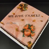 Thanksgiving Cake 14" square x 3" high dark chocolate cake torted with mocha cream. This was my first attempt with an airbrush (leaves). Gumpaste...