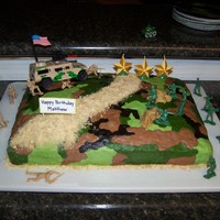 Army Cake All Buttercream frosting. Camoflauged cake inside. Granola bars with honey used for the baracades for enemy.