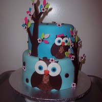 Owl Baby Shower Cake 9" & 7" Black forest cake, everything is MMFwith Strawberry vanilla cupcakes covered in buttercream and fondant owls and...