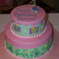 Tinkerbell Cake Chocolate WASC with buttercream frosting and ganache filling. Fondant accents, and edible images.