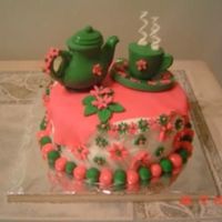 Teapot Birthday Chocolate cake with buttercream. Tea pot, cup, saucer and steamfrom molded chocolate. Other decorations are Satin Ice.