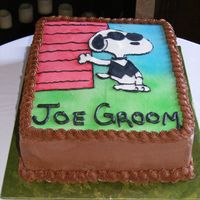 Joe Groom Snoopy "Joe Groom" cake, buttercream icing, with fondant cutouts