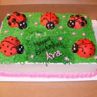 Lady Bug Cake Lady bugs are made from the mini ball pan, spots are junior mints and antenea's are tooties rolls. Cake is covered in buttercream.