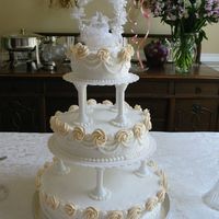 Kendall_Wedding_Cake.jpg Cake was traditional white with white buttercream frosting. Bride wanted royal icing rosettes to be ivory.