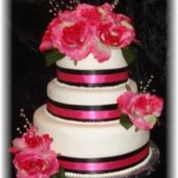 Pink And Black 10" / 8" / 6" Rounds...Red Velvet cake, BC Filling, MMF Silk Ribbon and Flowers...made for a small wedding shower with the...
