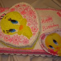 Tweety This was a pattern transfer from Birthday theme party plate. I used a 12in heart cake on top of a 12x18 sheet cake. I think I did ok for a...