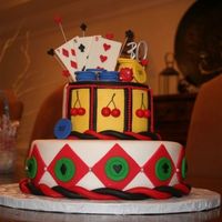 Poker Cake Top tier is meant to look like a slot machine. all decorations are made out of fondant.
