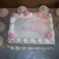 Pink Roses Double layer chocolate cake and white cupcakes, all bc.