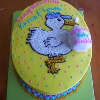 Stork.jpg Shower for a friend who saw a stork invitaion and wanted it on her cake. 2 layer oval yellow cake w/ pineapple filling. Iced in BC.