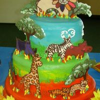 Safari Cake Varigated Buttercream Icing technique, with piped accents and Reverse-pour Milticolor Chocolate animals and trees.