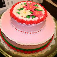 Holiday Poinsettia Cake Cake was mint chocolate with crushed candy canes between layers, decorated in mint buttercream icing. Poinsettias were product of my Wilton...