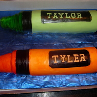 I Want Green...i Want Orange! I was inspired by Goonegirl's blue crayon. These cakes were done for my twin godsons birthday. Whenever asked what color for anything...