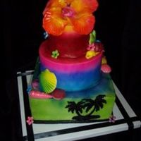 Summer Theme bc iced. fondant shells that are airbrushed and lustered. hand drawn palm trees. hibiscus is fondant then painted