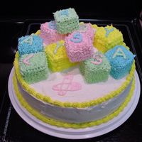 Baby Blocks One of my first 3-D cakes. The blocks spelled out "BABY ALYSSA" for my soon-to-be niece. All store-bought frosting (in the little...