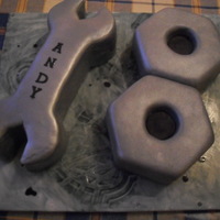 18Th Birthday Cake I made this cake for my sons 18th. Its ment to look like a spaner and nuts... It is a chocolate cake with fondant icing.... I decorated the...