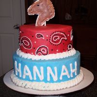 Horse Birthday Cake Top layer is chocolate, bottom layer is lemon w/ raspberry filling. Sugar cookie on top. Buttercream icing. I combined several ideas from...
