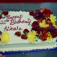 21St Birthday I made this cake for my sisters 21st birthday. All the flowers are real and there are champagne candles in with the flowers. The icing is...