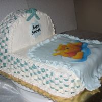 Bassinet 9x13 and 9" round. Mixed layers of chocolate and vanilla, chocolate buttercream filling, buttercream w/fondant blanket & edible...