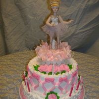 Ballerina Cake Bottom is a 1 layer 10" round cake , top is a 2 layer 8"round cake. Iced in Buttercream icing , bows are molded candy.