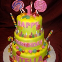 Candy Cake 10" ,8" & 6" cakes, covered in lime green fondant . Lettering and #1 out of molded white chocolate almond bark....