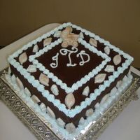 Baby Shower/ Chocolate & Baby Blue this was a 10 " square chocolate cake with chocolate icing and Baby blue borders. The bottles ,rattlers strollers etc. are molded...