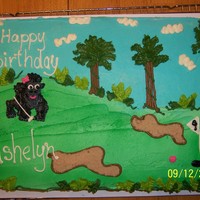 Gorilla Playing Golf In The Jungle Half sheet cake, marble with buttercream. The customer's child wanted a Gorilla playing mini golf in the jungle. I used brown sugar...