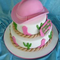 Cowboyhat.jpg RK cowboy hat on top of 7 and 10 inch round iced in fondant with fondant accents