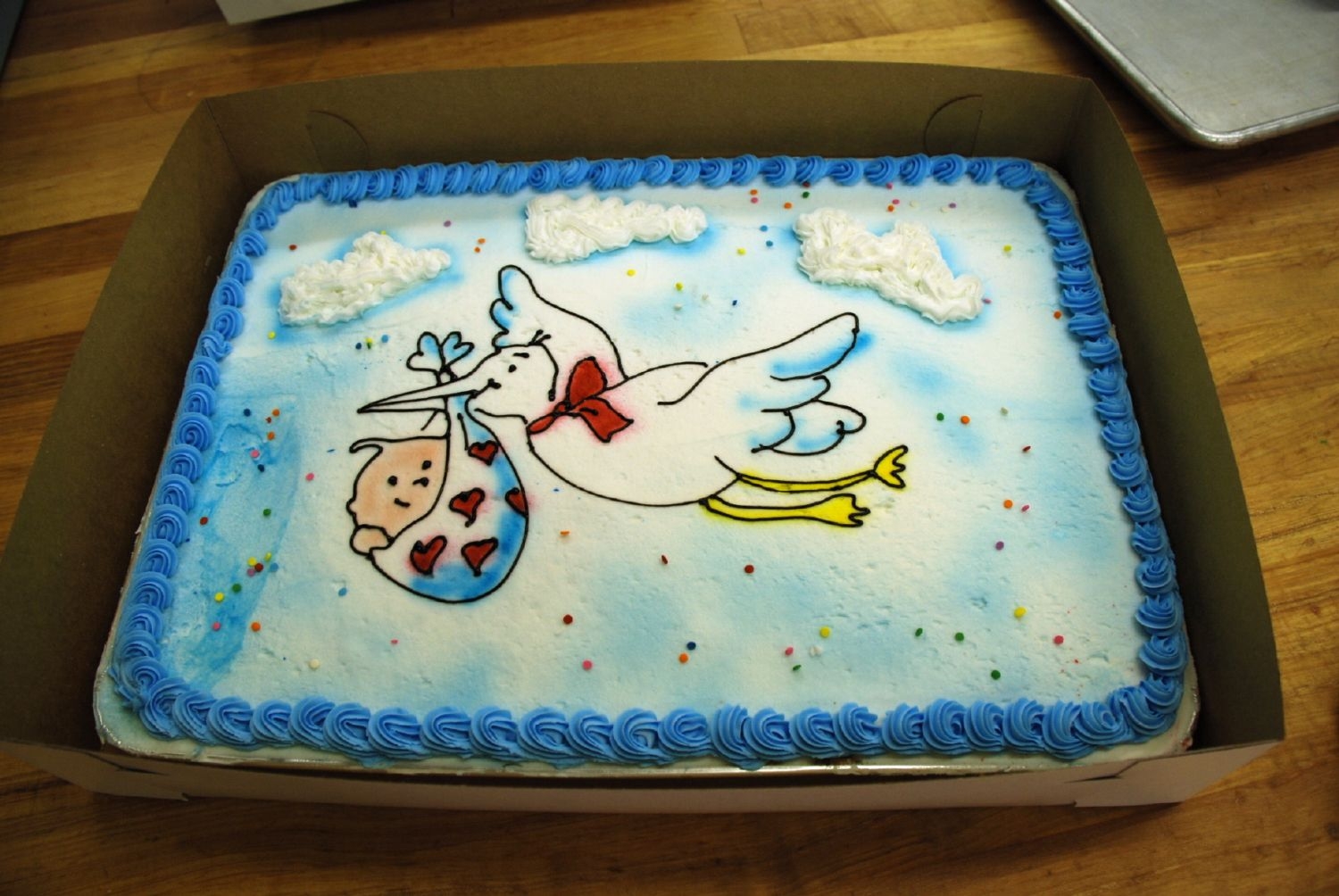 Stork Cake Hi,Here is a cake for a baby shower I did this weekend. I used regular buttercream and then after drawing the stork I airbrushed the...