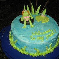 Welcome To My Pad! Another frog cake for my mother-in-law, who just moved to a new house. Inside is chocolate cake with chocolate ganache filling, iced with...