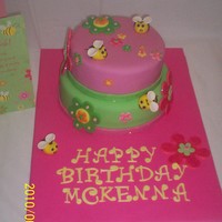 Pink & Green W/beees All fondant, with disco dust on flowers and trim around bottom of cakes.Made for a little girl's 6th birthday. Made to coordinate with...
