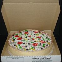 Pizza Party Birthday Cake I made this for a young lady turning 5. Crust is a WASC cake baked in a 14" pan and iced in BC. Red BC with piping gel was used for...