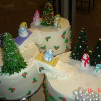 Snowman Village I made this cake for a Client's Staff Party. Cakes are 12", 10" and 8" and are torted and filled. White almond sour...