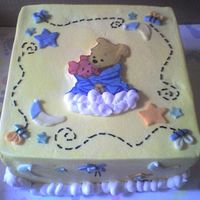 Winnie The Pooh Babyshower this is an 8' chocolate raspberry cake with raspberry mousse filling. Iced in BC with MMF accents and Chocolate Pooh and Piglet....