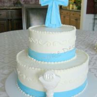 Christopher BC with fondant accents. The cross on the top was streaked with colored piping gel to compliment the invitations. The chalice is white...