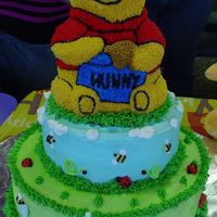 Winnie The Pooh I made this cake for my nephews 1st Birthday party. All buttercream cake with royal icing flowers.