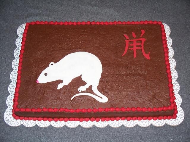 Boy Scout Banquet Sheet Cake chocolate cake w/ PB BC. Symbol means rat for the year of the rat.