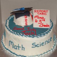 2Nd Grade Graduation Lemon cake with lemon filling. Buttercream icing with fondant decorations. Used school colors on cake and wrote out the different classes...