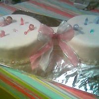 Baby Rattle Twins - Baby Shower Cake - May 2006 A plain white cake was requested for this baby shower.