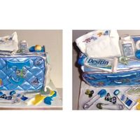 Baby Diaper Bag Cake Sculpted, hand painted Baby Diaper Bag cake. The cake includes a pamper, baby powder, safety pins, a rattles, pacifier, and desitin. I...