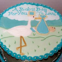 A Baby Boy For You To Love. Stork cake made of white cake and buttercream icing. Legs are made of 'Pocky' sticks (stick biscuit cookie). Very happy customer...