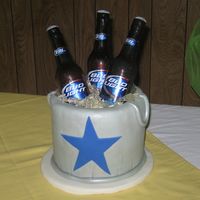 Beer Bucket I made this as a groom's cake for my brother's wedding. Cake is covered in fondant and dusted with silver dust. Ice and beer...
