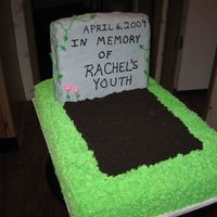 In Memory Of... I made this for my husband's co-worker, his wife was turning 30. Grass is BC, dirt is crushed oreos, tombstone is RKT covered in MMF...