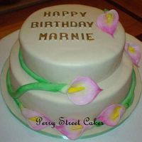 Thirtysomething Birthday Cake For a surprise party. Gumpaste pink Calla Lilies, Ivory Fondant.