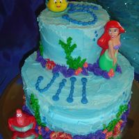 Jill's Ariel Cake Stacked construction, all buttercream. Ariel, Flounder, and Sebastian are from the Disney Store.