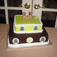 Baby Shower Cake With Teddy Bear Theme The design and colors for this cake was to match the invitations for the shower. I couldn't seem to keep my gumpaste teddies from...