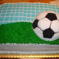 Soccer Cake 9th Birthday cake with a soccer theme.Again...another chocolate cake with chocolate cream filling...outside is b/c. Used ball pan for the...