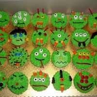 Green Monster Cupcakes!! These are some monster cupcakes I made (last minute of course!) for my son's Kindergarten class. I made them all green to save time,...
