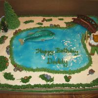 Fishing 1/2 sheet, cream cheese icing, fondant/gumpaste man asleep on cooler. It's hard to notice, but there's a bucket of worms in the...