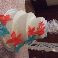 Wedding Cake Here is my friends wedding cake that I made. It has two chocolate cakes and one white cake all with buttercream frosting. The flowers...